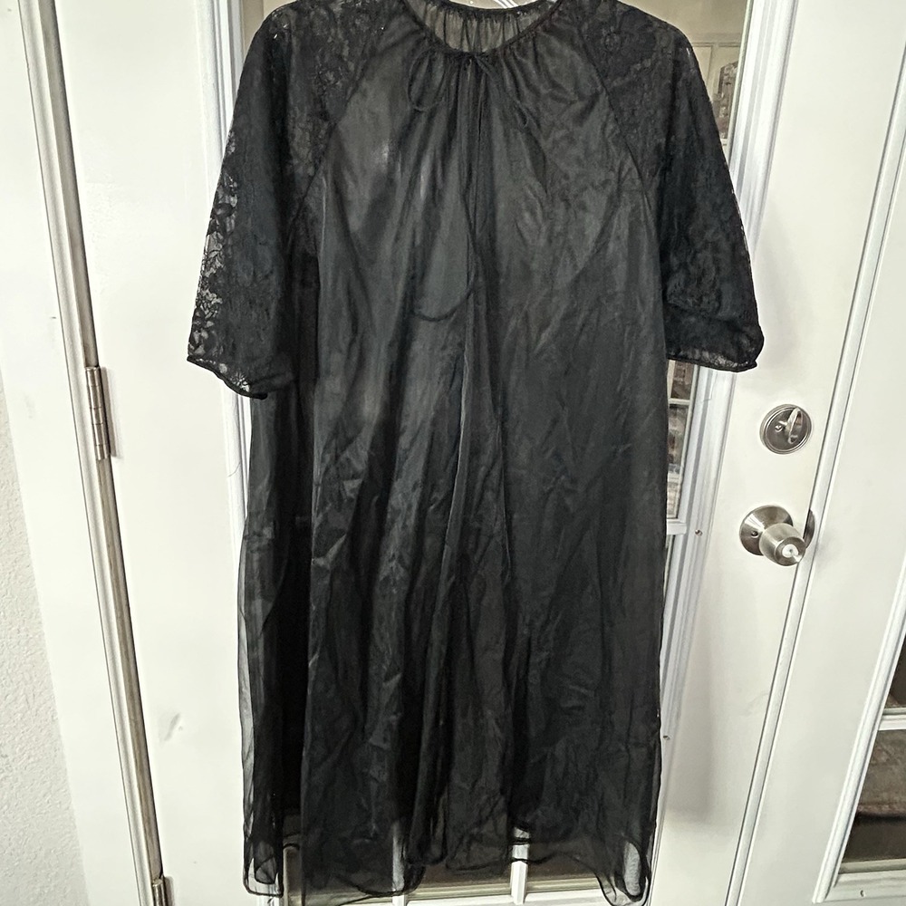 Vintage 1950's Vanity‎ Fair Black Nylon Tricot Peignoir Lace Sleeves Size 36
